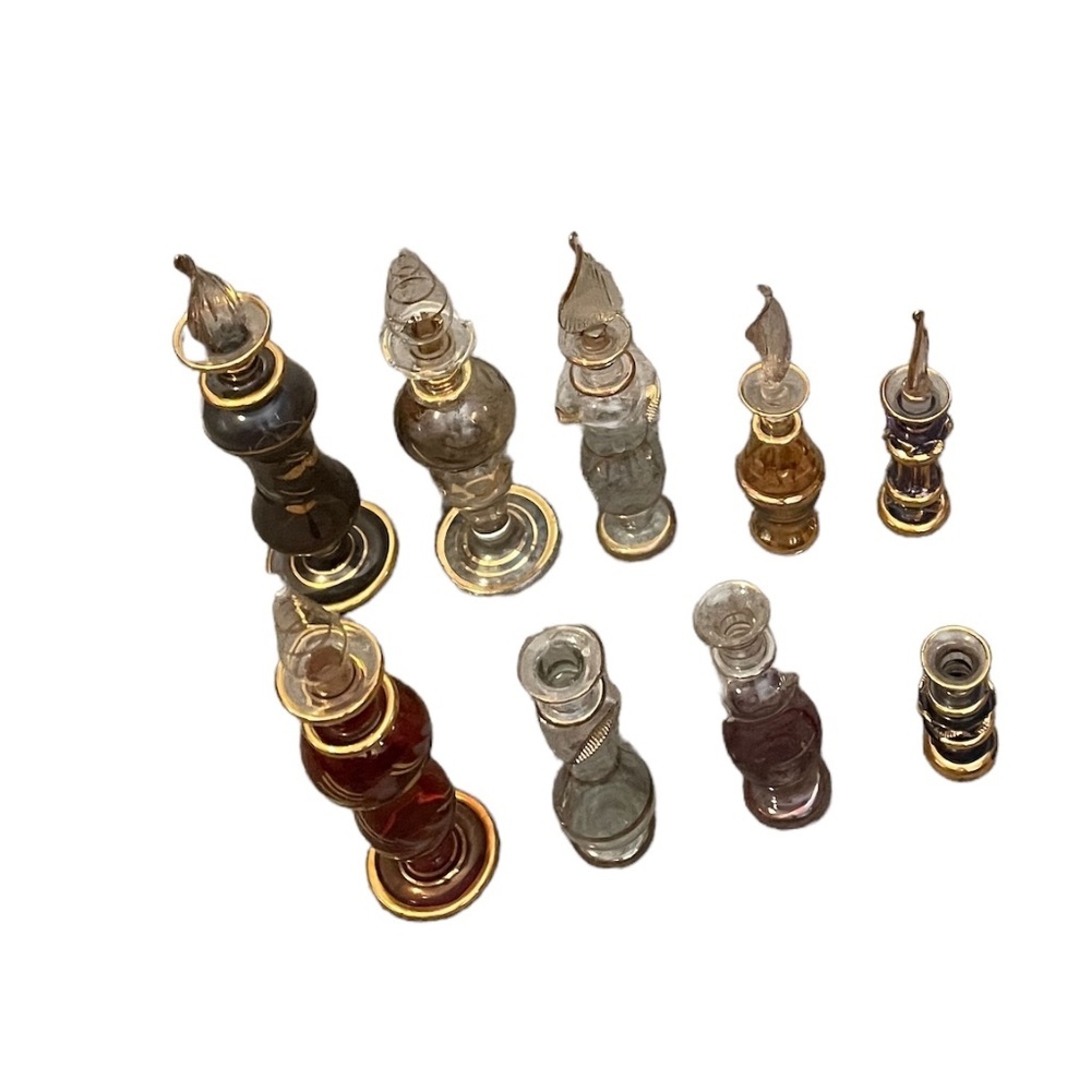 Set of Nine Variety Vintage Egyptian Glass Perfume Bottles W/ 14 k Gold Trim NWO